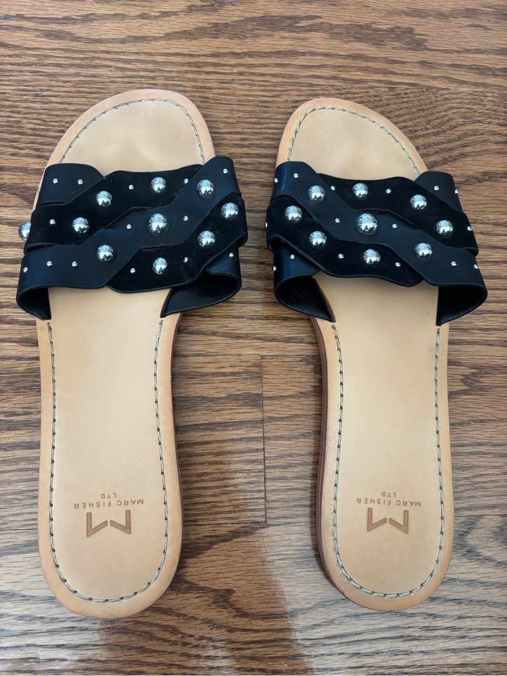 Marc Fisher Black Studded Wavy Strap Slide Sandals